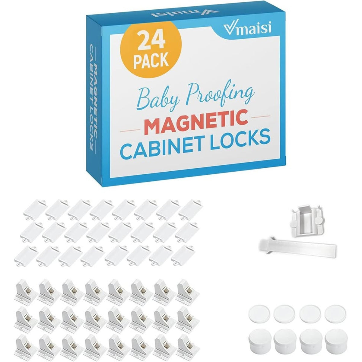 Vmaisi Adhesive Magnetic Locks For Cabinets & Drawers(24 Pack And 4 Keys+Cradle)