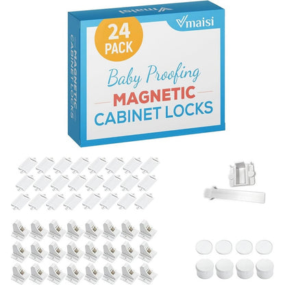 Vmaisi Adhesive Magnetic Locks For Cabinets & Drawers(24 Pack And 4 Keys+Cradle)
