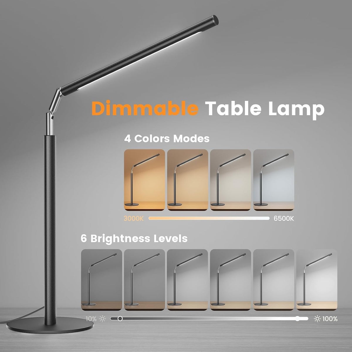 Metal LED Desk Lamp, 16" Dimmable Desk Light with Base, 15W 1200LM, Adapt, Black