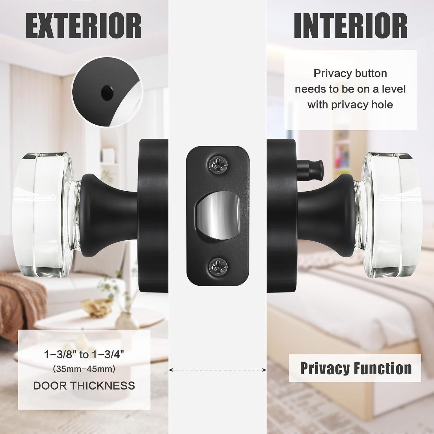 Naubea Matte Black Door Knob Privacy Door Knobs Glass Door Knobs Interior, Vintage Round Crystal Door Knob For Bedroom Bathroom