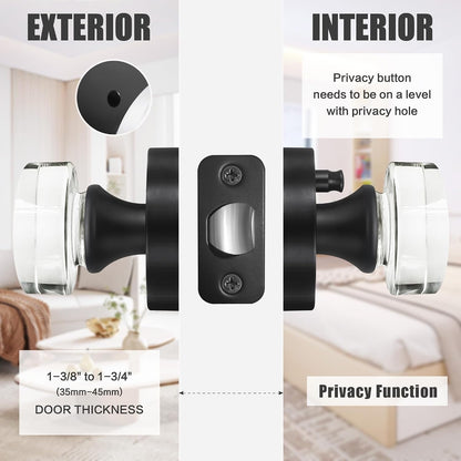 Naubea Matte Black Door Knob Privacy Door Knobs Glass Door Knobs Interior, Vintage Round Crystal Door Knob For Bedroom Bathroom