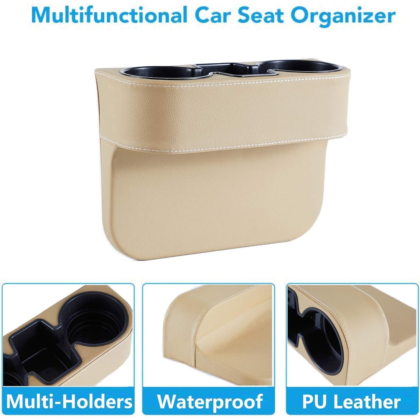 IOKONE Coin Side Pocket Console Side Pocket Leather Cover Car Cup Holder Auto Front Seat Organizer Cell Mobile Phone Holder (Beige with Yellow Undertone)