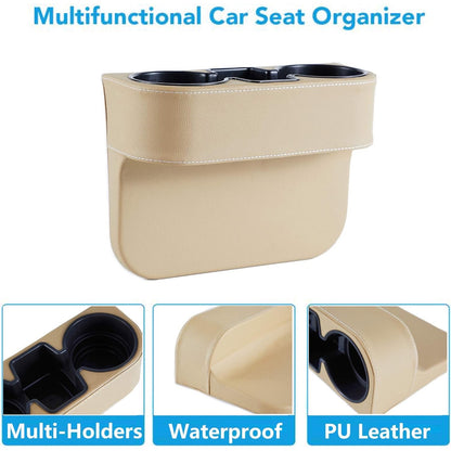 IOKONE Coin Side Pocket Console Side Pocket Leather Cover Car Cup Holder Auto Front Seat Organizer Cell Mobile Phone Holder (Beige with Yellow Undertone)