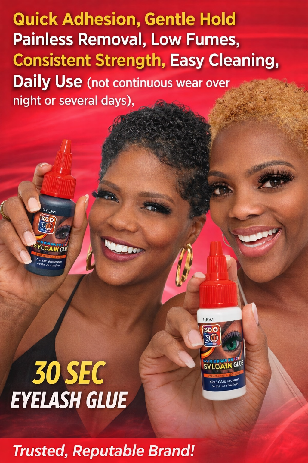 Two women holding 30 Second Eyelash Glue bottles with product features listed above them on a red background.