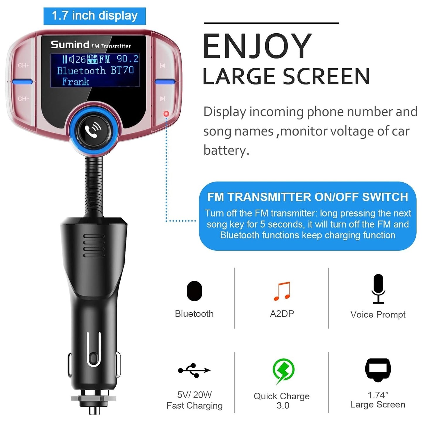 Upgraded Bluetooth FM Transmitter, Wireless Radio Adapter HandsFr(PD, Rose Gold)