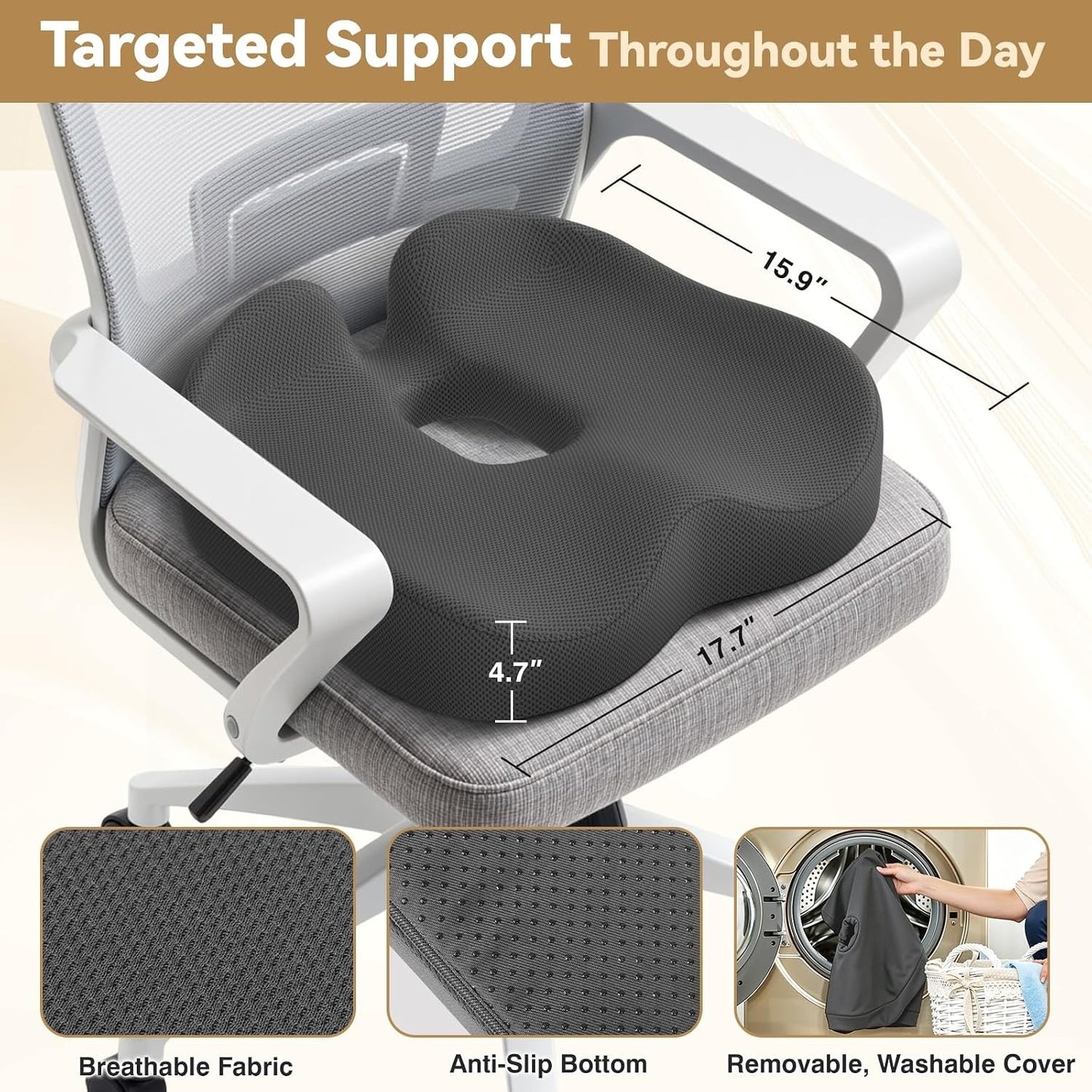 TushGuard Ergonomic Seat Cushion With Coccyx Cutout - 4-Zone Structure Office Chair Cushions For Tailbone Pressure Relief, Non-Slip Chair Pad With Washable Cover For Car, Office, Wheelchair, Grey