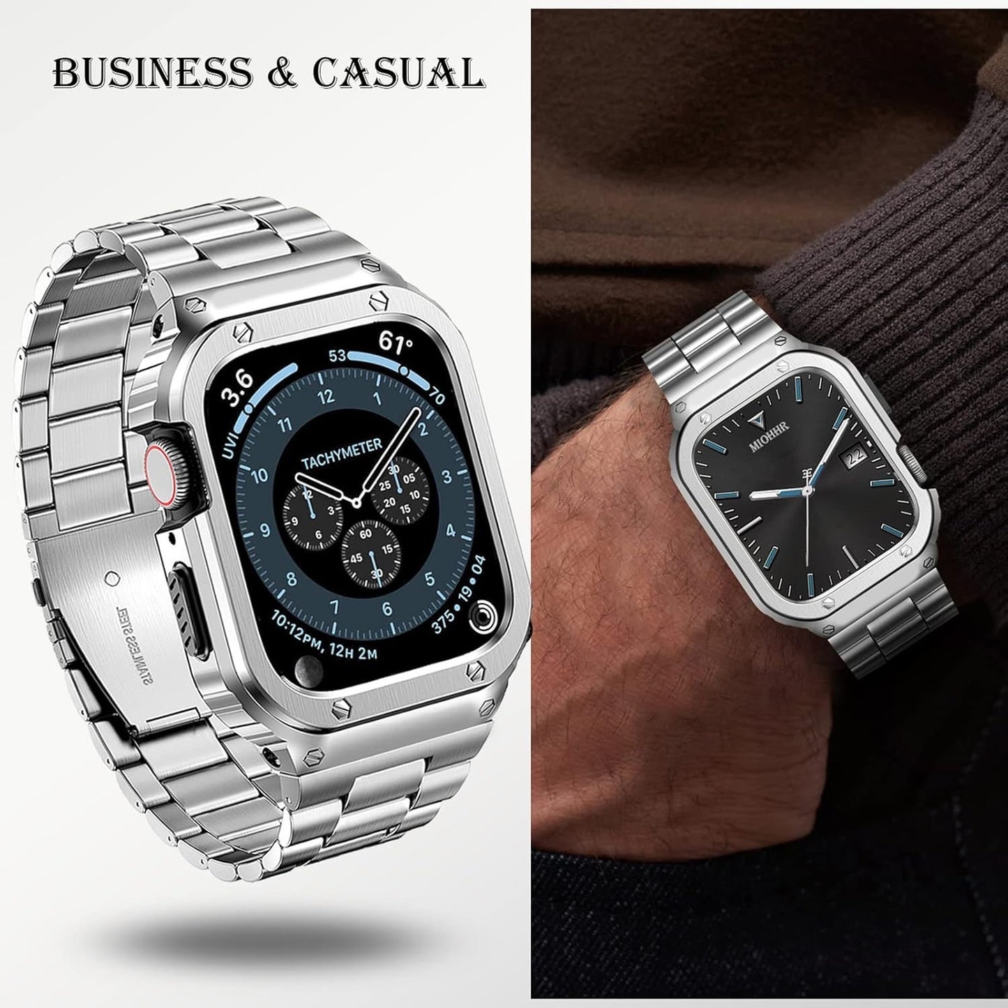 MioHHR Stainless Steel Band And Case Compatible With Apple Watch Band 46mm Series 11 10, Men Metal Protective Bumper Cover For IWatch 46mm Series 11/10, Silver.