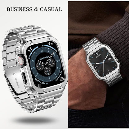 MioHHR Stainless Steel Band And Case Compatible With Apple Watch Band 46mm Series 11 10, Men Metal Protective Bumper Cover For IWatch 46mm Series 11/10, Silver.
