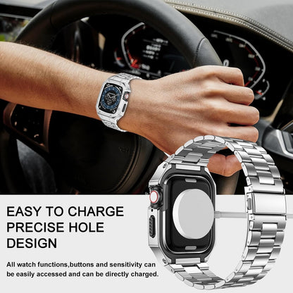 BAITEYOU Stainless Steel Watch Band With Case Compatible With Apple Watch-Silver
