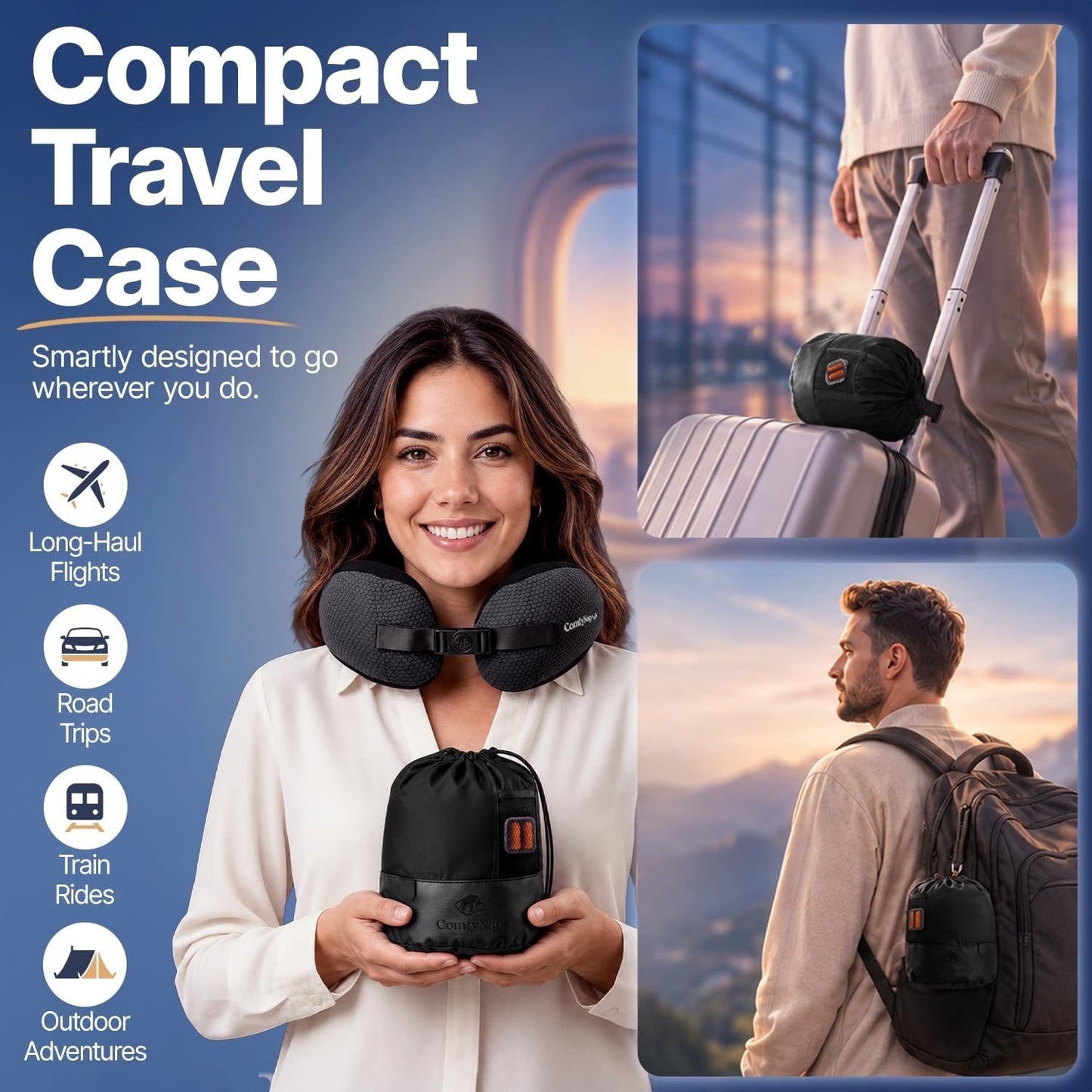 ComfyNap® Versatile Travel Neck Pillow For Airplane [Patented], 9 Positions In 3 Techniques, Plane Pillow With Pure Memory Foam, Travel Pillow With HeadRest Flight Sleep, Travel Essential - Mercury.