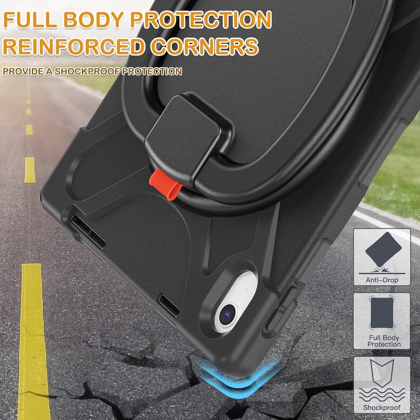 BRAECN Case For IPad (A16) 11th/10th Generation 11”/10.9'' 2025/2022, Protective Silicone Rugged With Screen Protector/Swivel Ring Stand/Stable Kickstand/Handle Grip/Shoulder Strap For Kids, Black.