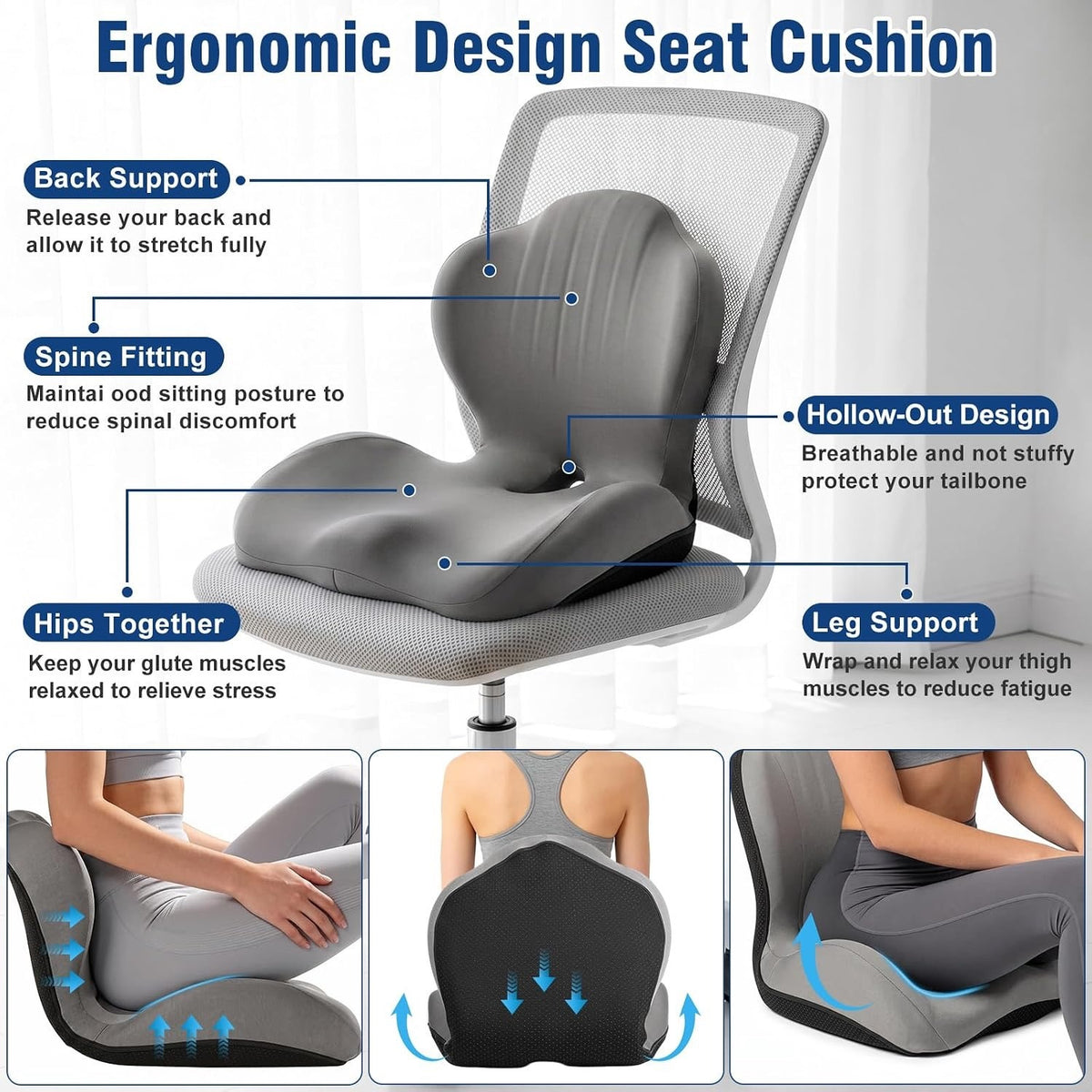 Car Seat Cushion Office Chair Cushion with Lumbar Support Pillow-GRAY