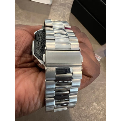 BAITEYOU Stainless Steel Watch Band With Case Compatible With Apple Watch-Silver