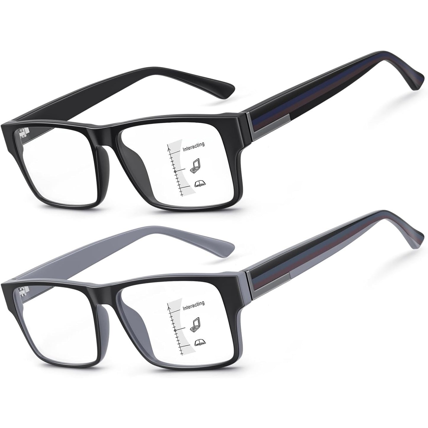 2 Pack Excellent Unbreakable Progressive Multifocus Reading Glasses For Men, TR90 Thick Frame Blue Light Blocking Glasses Anti UV/Eye Strain Computer Readers No-Line Multifocal Eyeglasses, 1.5x