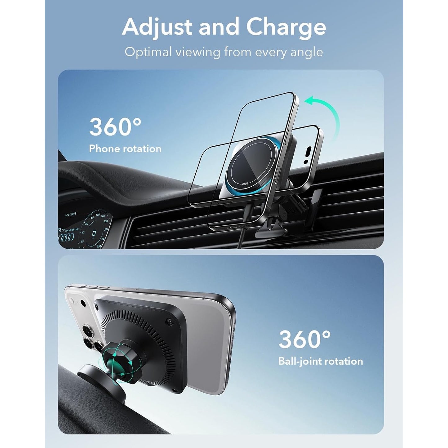 ESR For 15W MagSafe Car Mount Charger With CryoBoost, Phone Cooling MagSafe Car Charger, Air Vent/Dashboard Wireless Charging For IPhone 17/16/15/14/13/12, S25 Series, Pixel 10, Fast Charger
