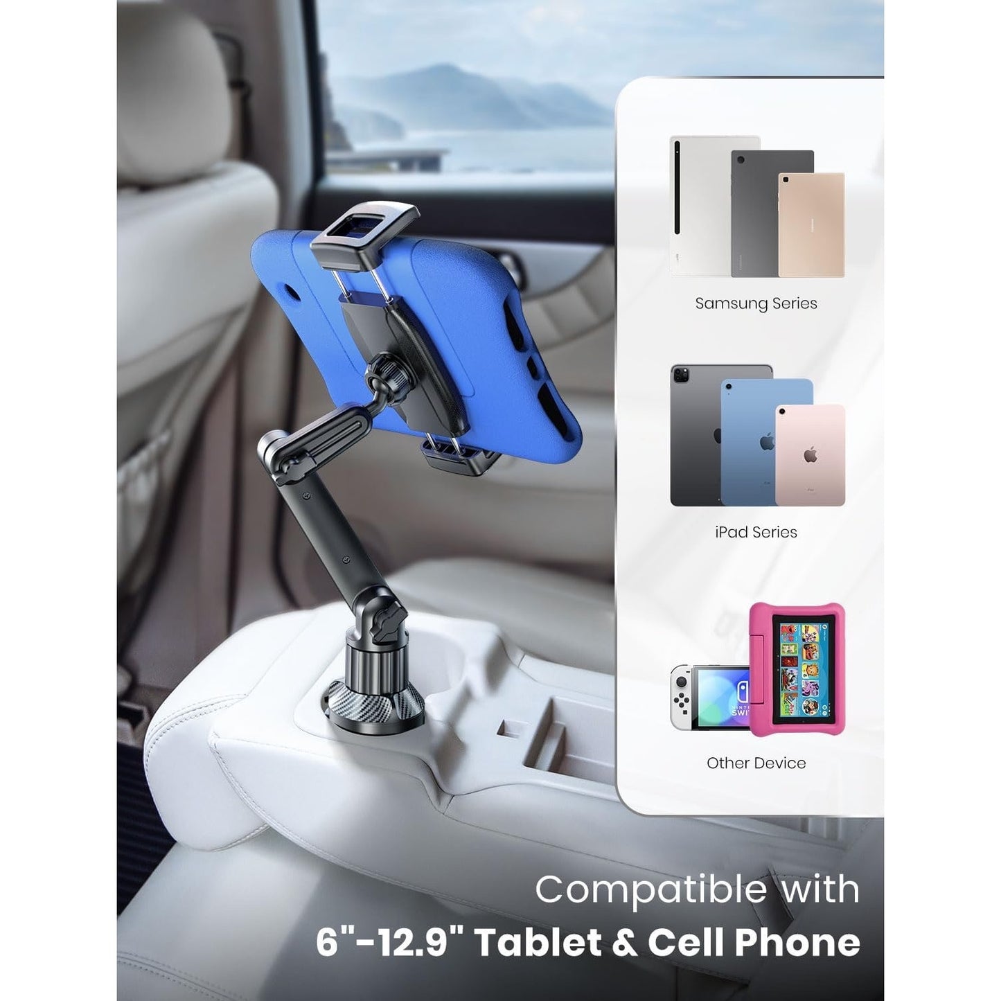 ESamcore Tablet Holder For Car, For IPad Cup Holder Car Mount With 1.57"-Black
