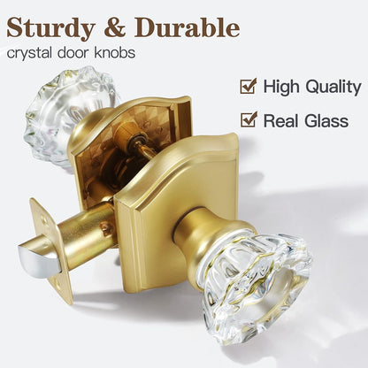 Premium Glass Door Knobs, Bathroom Bedroom Door Knobs with LocPrivacySatin Brass
