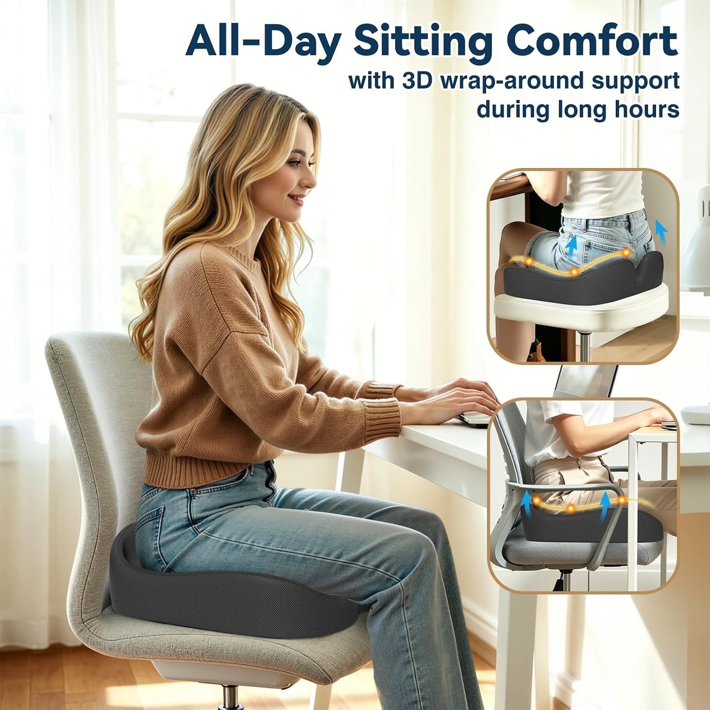 TushGuard Ergonomic Seat Cushion With Coccyx Cutout - 4-Zone Structure Office Chair Cushions For Tailbone Pressure Relief, Non-Slip Chair Pad With Washable Cover For Car, Office, Wheelchair, Grey