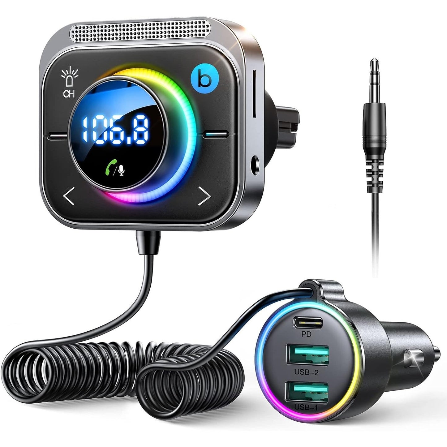 JOYROOM 66W Bluetooth 5.4 Car Adapter Aux With 3 Charging Ports?PD 30W & 2 * 18W??Air Vent Installation For Safe? Deep HiFi Bass Player Wireless Radio FM Transmitter For Car With Colorful LED Light.