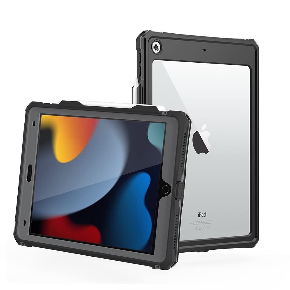 MRUOZRUI 10.2 Waterproof Case Compatible With IPad 9th 8th 7th Generation 2021/2020/2019, Built-In Screen Protector With Strap Stand Pencil Holder, Full Body Heavy Duty Protective Shockproof-Black/Gray. (small crack)