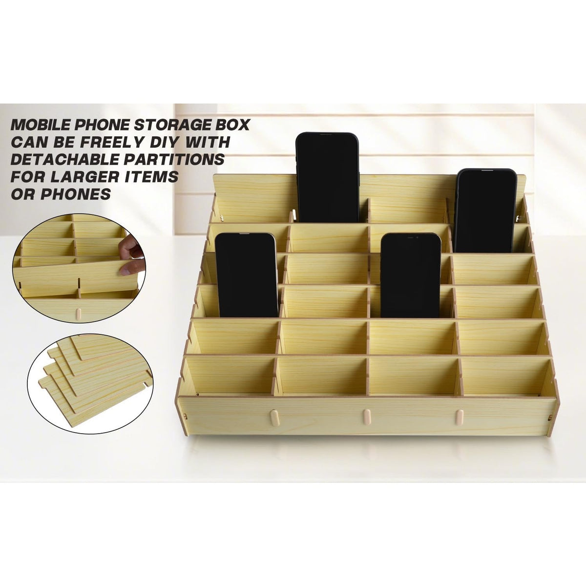 HengTianMei HTM 48 Grid Wooden Cell Phone Holder Desktop Organizer Storage Box