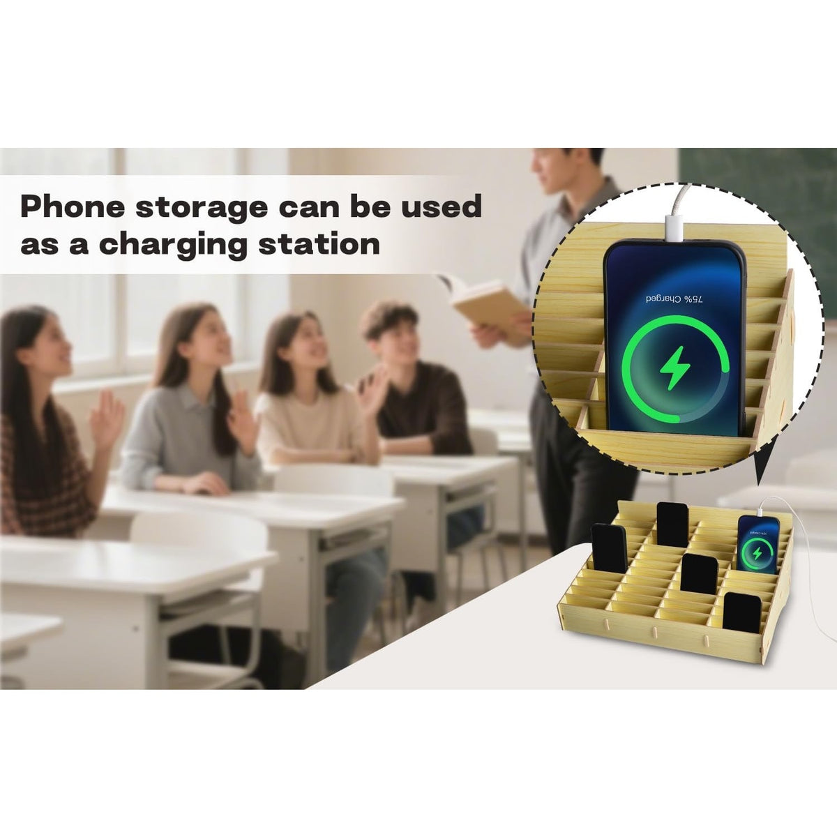 HengTianMei HTM 48 Grid Wooden Cell Phone Holder Desktop Organizer Storage Box