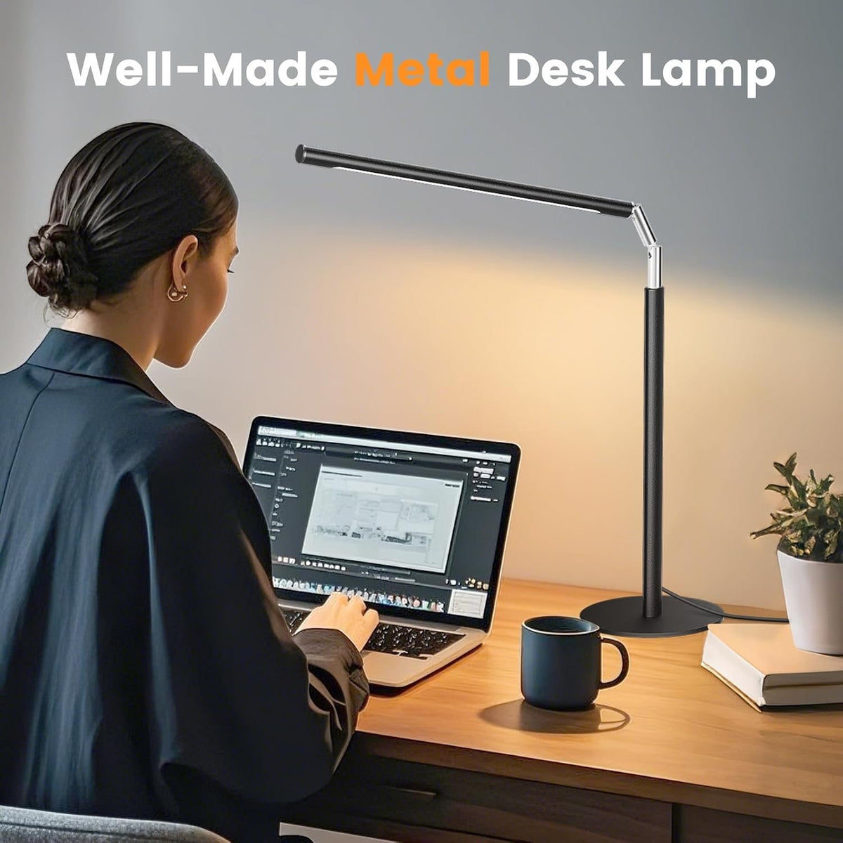 Metal LED Desk Lamp, 16" Dimmable Desk Light with Base, 15W 1200LM, Adapt, Black