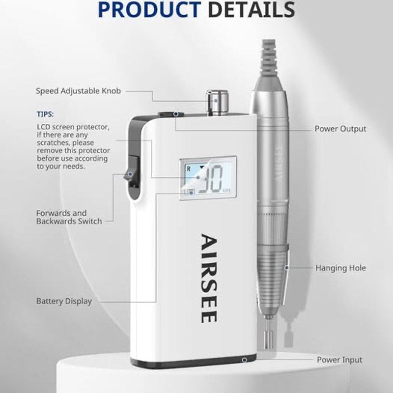 AIRSEE Rechargeable 30000RPM Electric Nail Drill Professional Portable-White