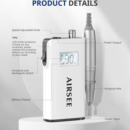 AIRSEE Rechargeable 30000RPM Electric Nail Drill Professional Portable-White