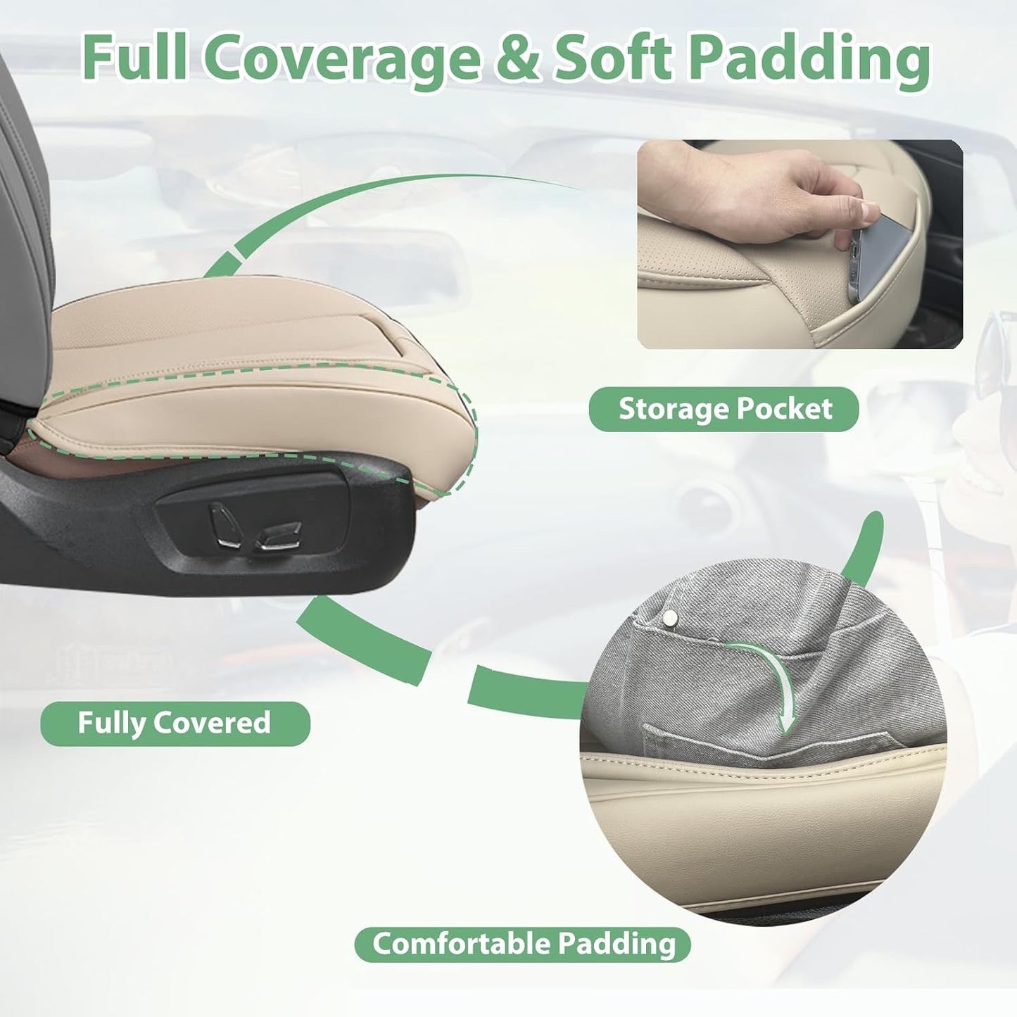 2 Pack Leather Front Car Seat Cover Bottom Only, Anti-Slip Padded Seat Cushion, Full Wrap Seat Protector With Storage Function Universal Fit For Most Cars, SUV, Pick-Up Trucks (-2 pc Light Beige)