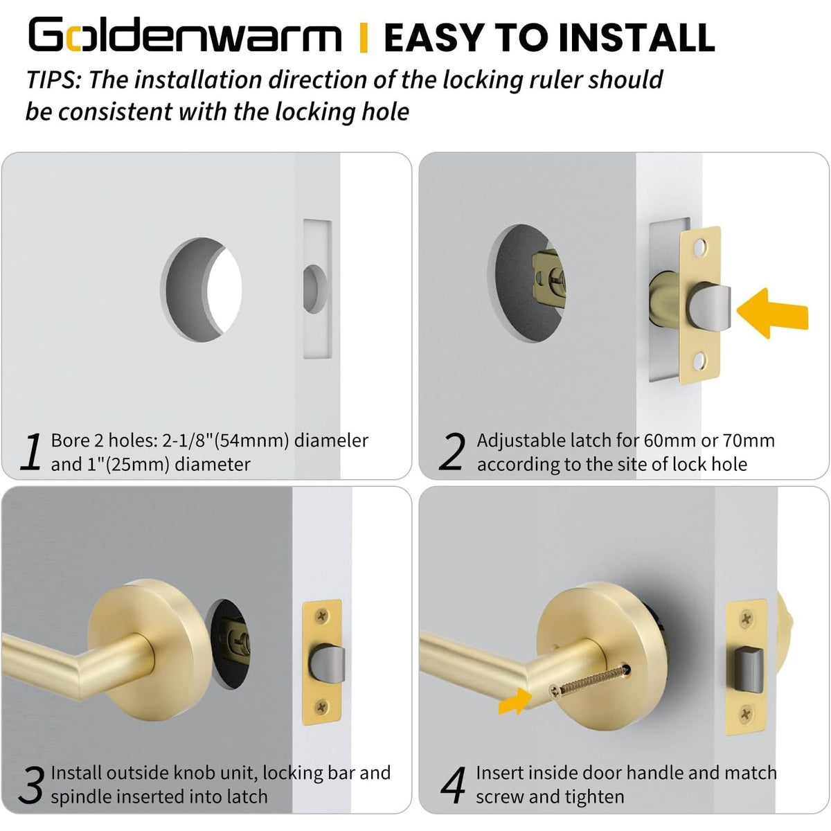 Goldenwarm Gold Closet Door Handles Interior, Brushed Brass Interior Passage Door Handles, Heavy Duty Zinc Alloy Brushed Gold Door Lever For Hall And Closet (1 Pack)