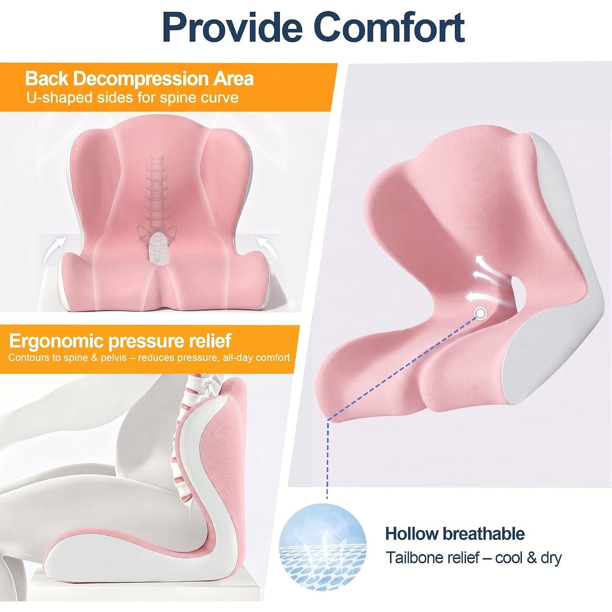 BANKQF X-Large Seat Cushion Office Chair and Car with Lumbar Support Pillow-PINK