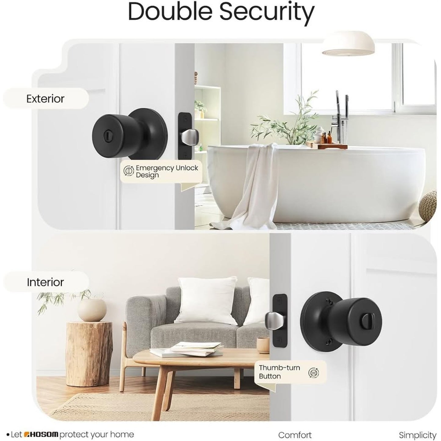 HOSOM Privacy Door Knob With Lock, Matte Black Door Knob Set Door Handles-Black