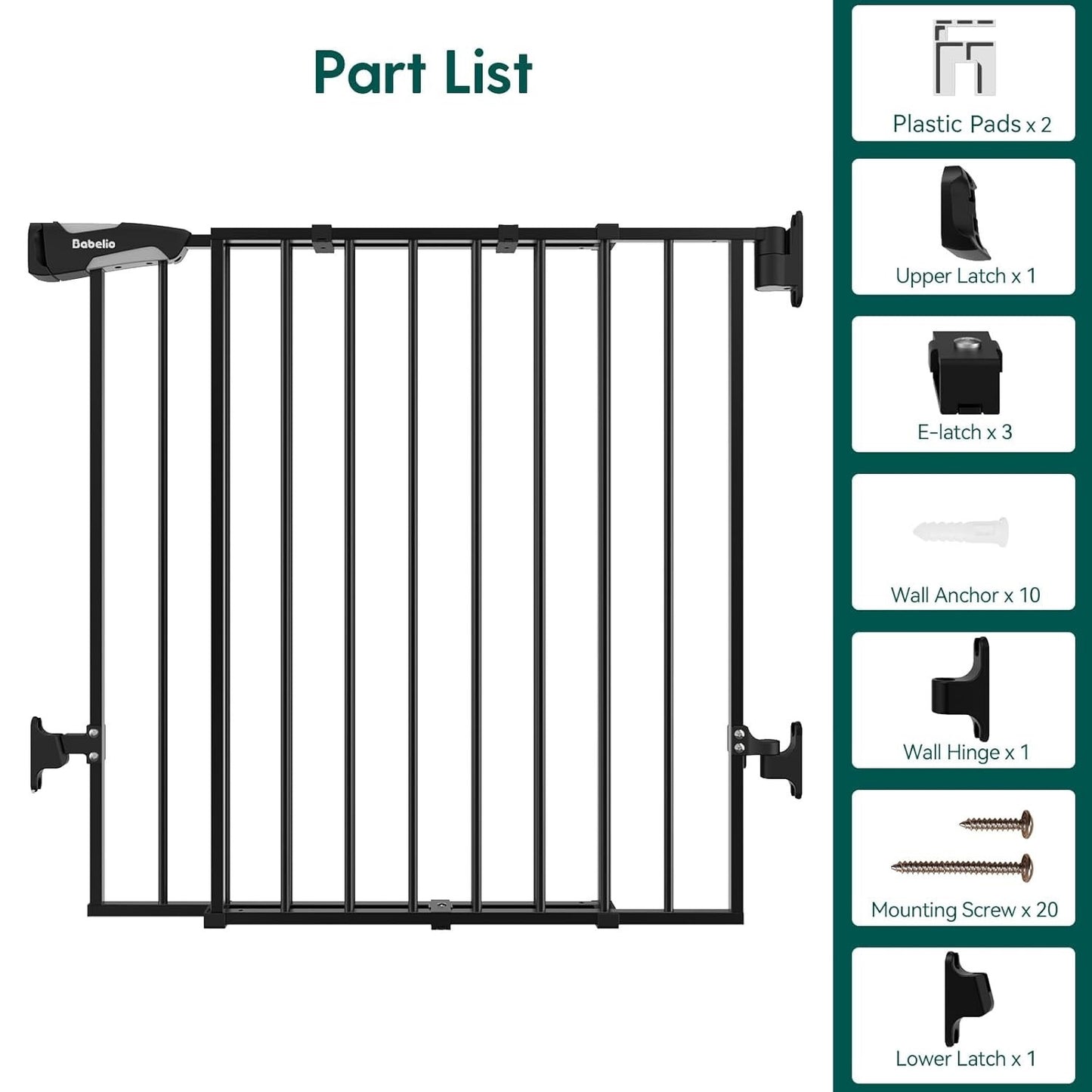 Babelio Baby Gate for Stairs, Kitchen & Doorways, No Bottom Bar| One-Handed