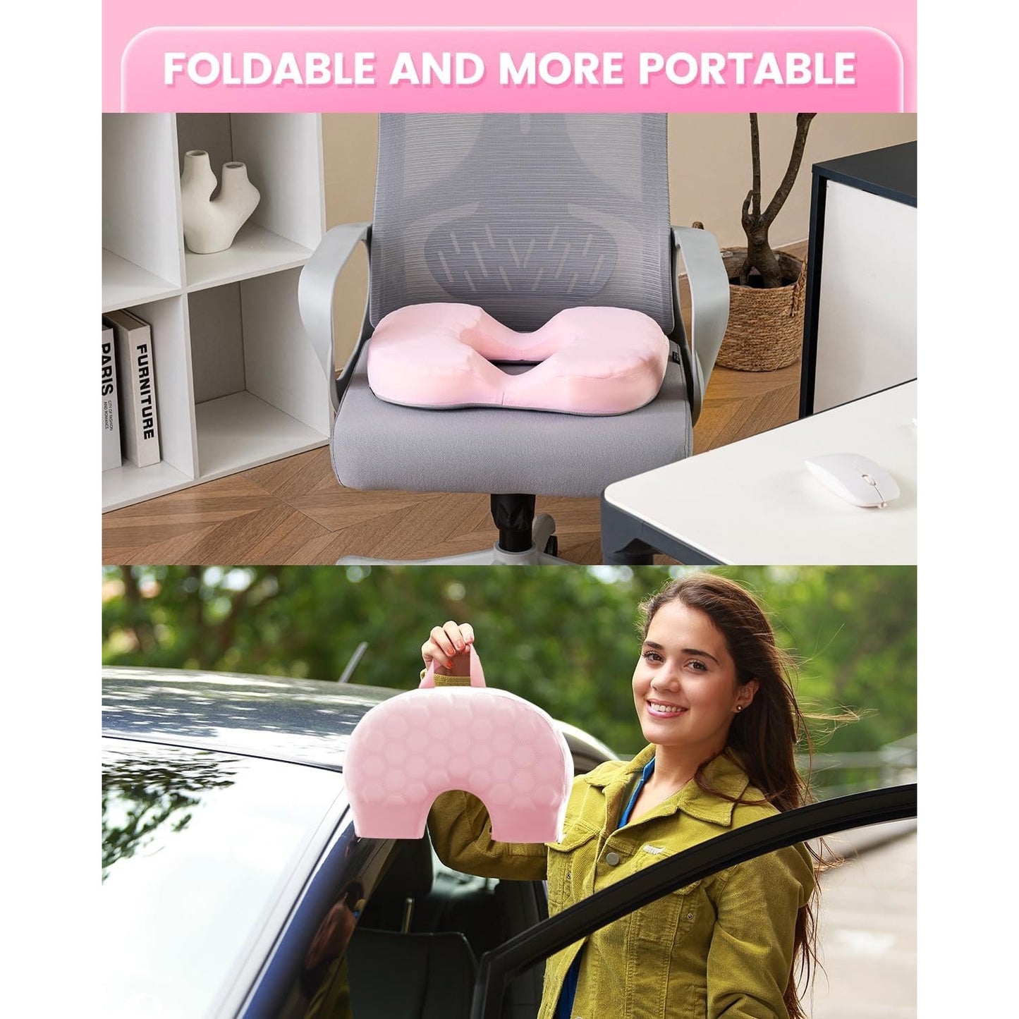 Sino Salected Portable Donut Pillow, Doughnut Pillow For Tailbone Pain, Non-Slip Removable Cover, Hemorrhoid Cushion For Postpartum ? Sciatica, Memory Foam Seat Cushion, Pink.