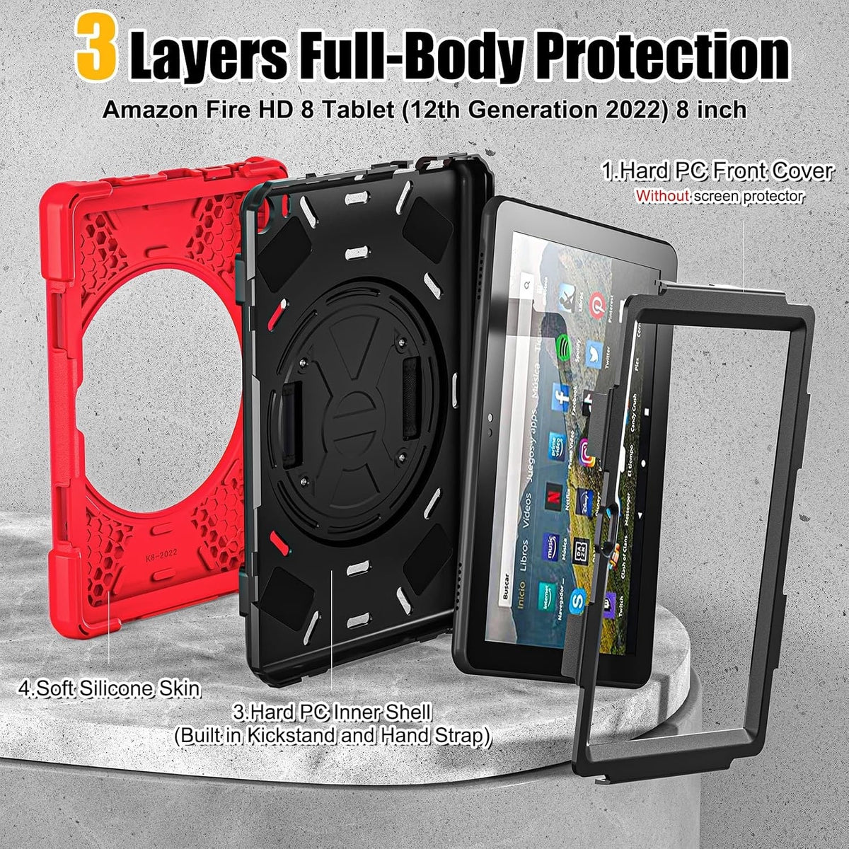 Case For Amazon Fire HD 8 Tablet Case (12th Gen 2024/2022) 8" - Red