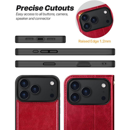OCASE For IPhone 17 Pro Detachable Wallet Case With Card Holder, 2 In 1 PU Leather Flip Folio With RFID Blocking Stand Wrist Strap Shockproof Phone Cover 6.3 Inch 2025, Red