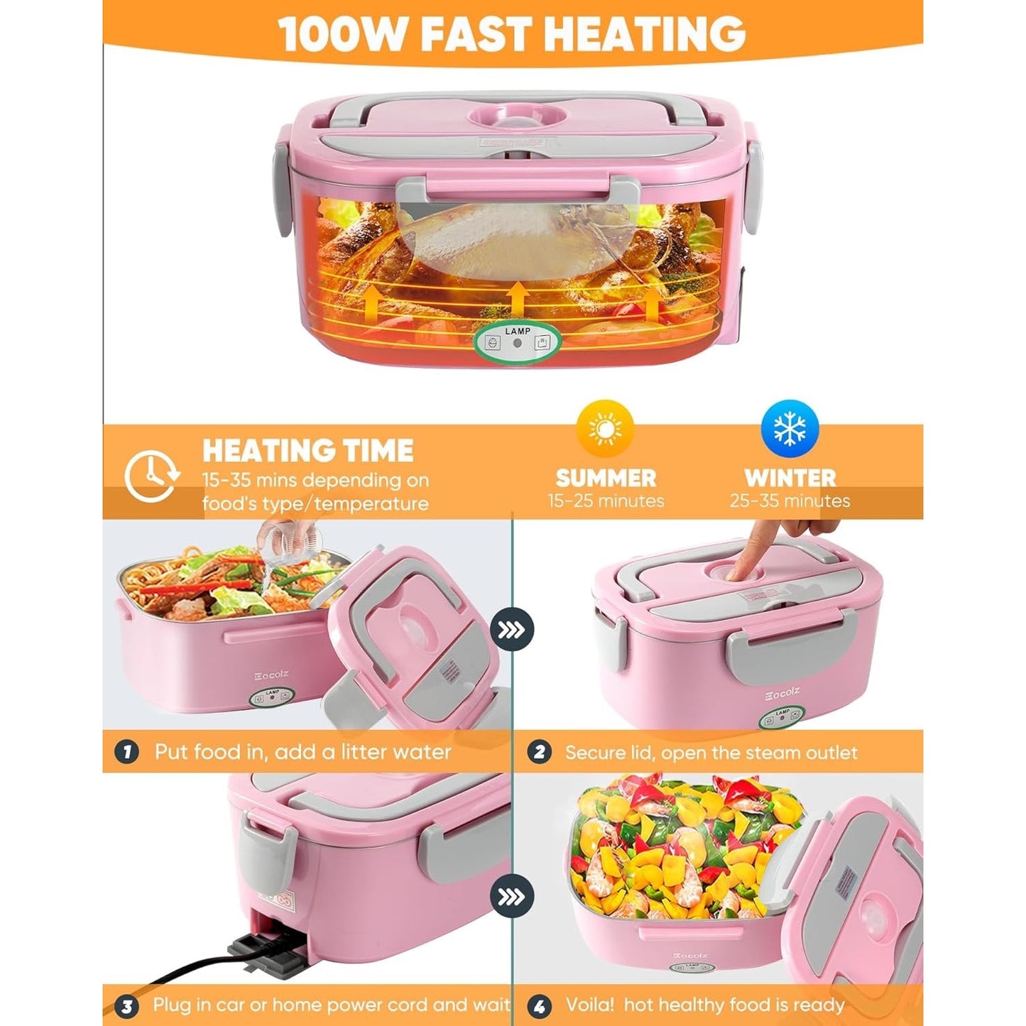 Eocolz Electric Lunch Box Food Heater 80-100W, Food Warmer With Dual Container 1.5L Portable Heated Lunch Box For Car Truck Work Stainless Steel Fork & Spoon 12/24/110V For Adults PINK