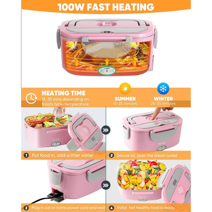 Eocolz Electric Lunch Box Food Heater 80-100W, Food Warmer With Dual Container 1.5L Portable Heated Lunch Box For Car Truck Work Stainless Steel Fork & Spoon 12/24/110V For Adults PINK