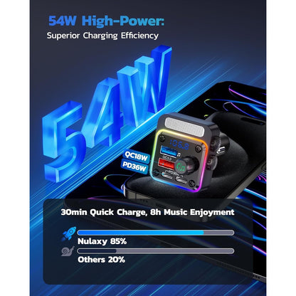 Nulaxy 54W Bluetooth 5.3 Car Adapter Charger 4-Port Fast Charging [PD36W & QC3.0 18W], Wireless Radio FM Transmitter With Deep Bass Player, 5 Colors LED Backlit, Hands-Free Calling, Support USB Drive.