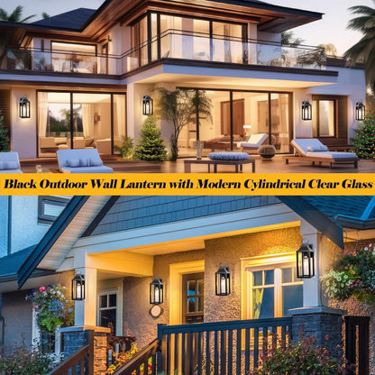 Roravilila 17 Inch Porch Light Large Black Outdoor Light Fixture With Cylindrical Clear Glass, IP65 Waterproof Exterior Lighting Fixture Outside Lantern For House Outdoor Wall Sconce, Matte Black.