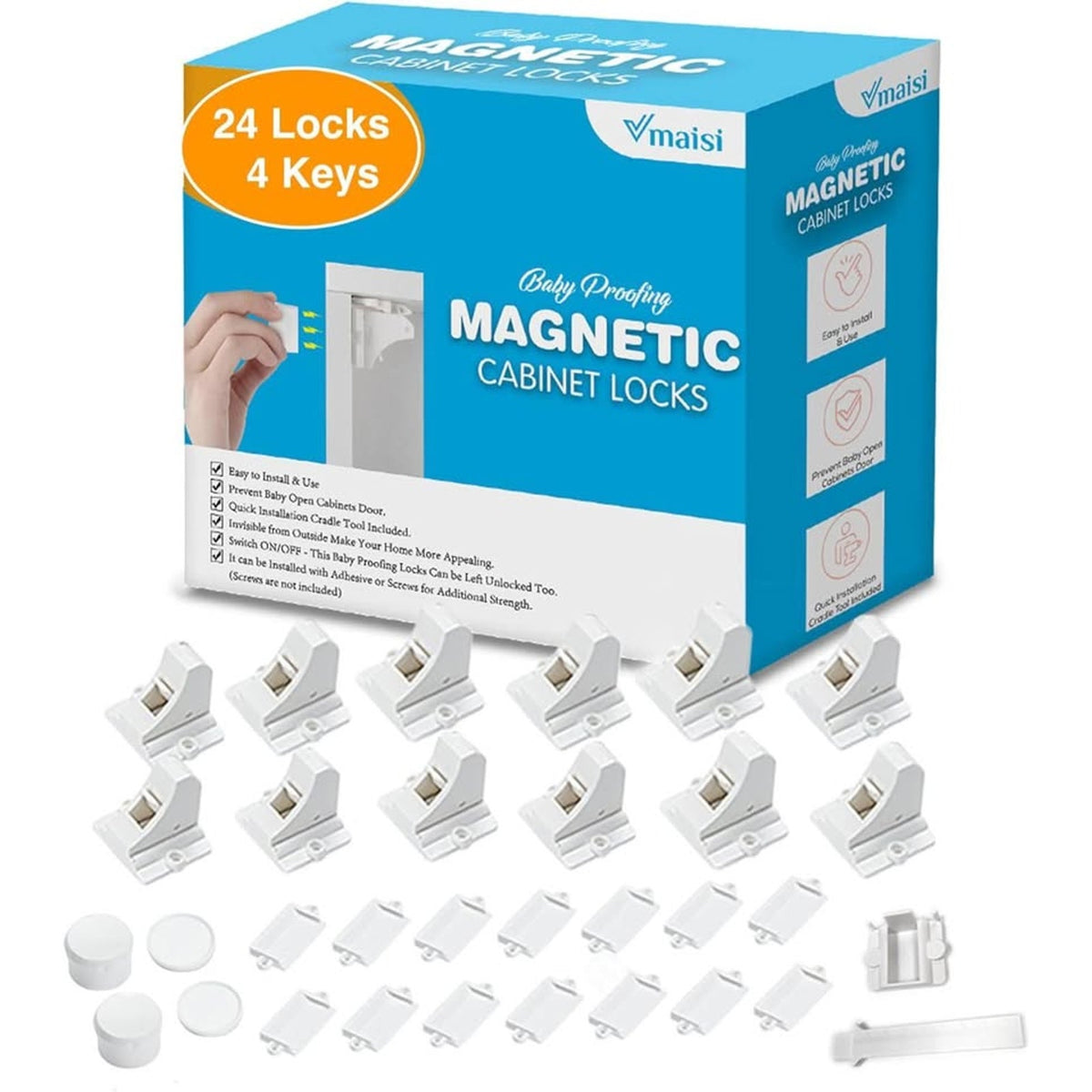Vmaisi Adhesive Magnetic Locks For Cabinets & Drawers(24 Pack And 4 Keys+Cradle)