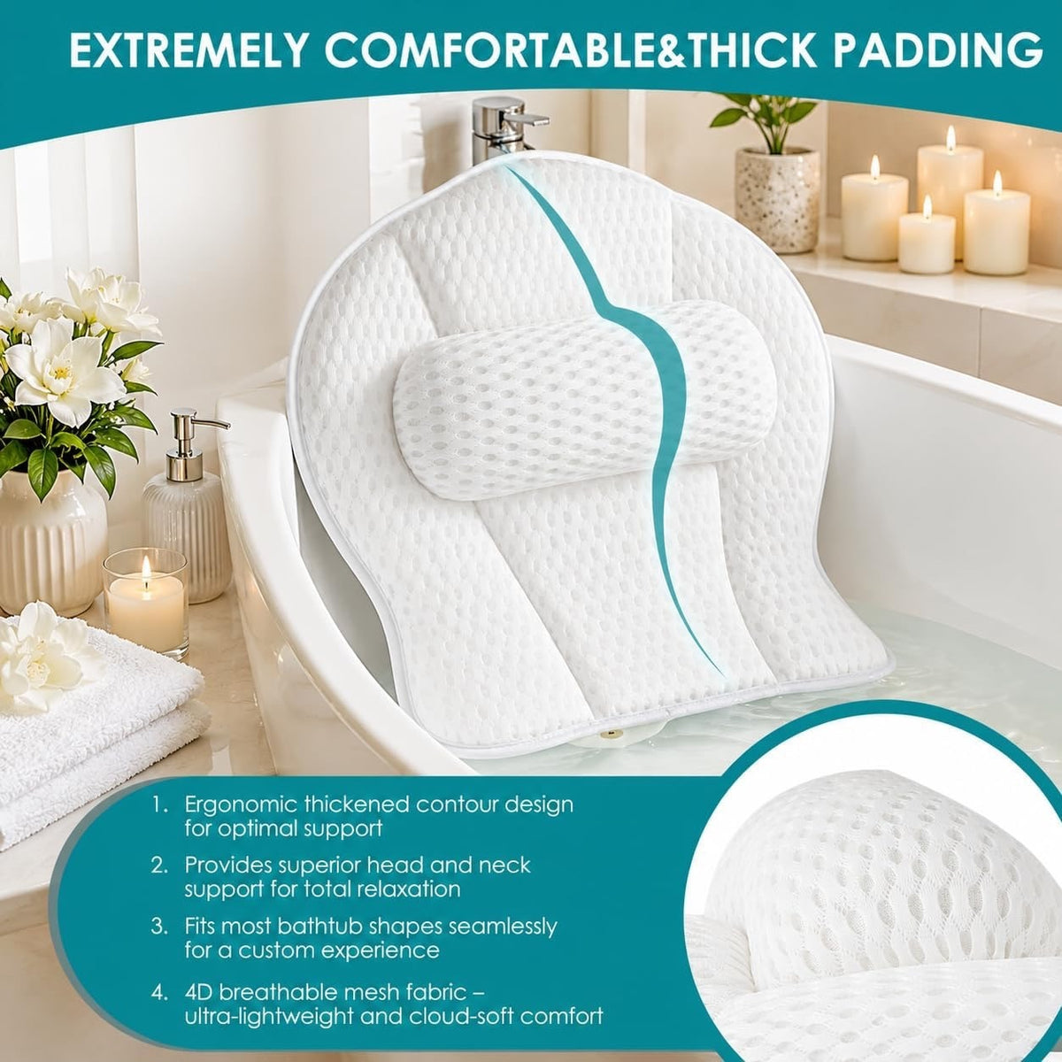 SQLHM Bath Pillows For Tub,Luxury Bath Pillow For Neck And Back Support