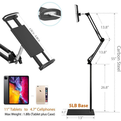 Tablet Floor Stand With 5LB Metal Base, Overhead Bed Phone Stand Angle Height Adjustable Holder, Universal Floor Stand Compatible With IPhone IPad Pro Air Mini, Samsung Tab, Kindle, E-Readers.
