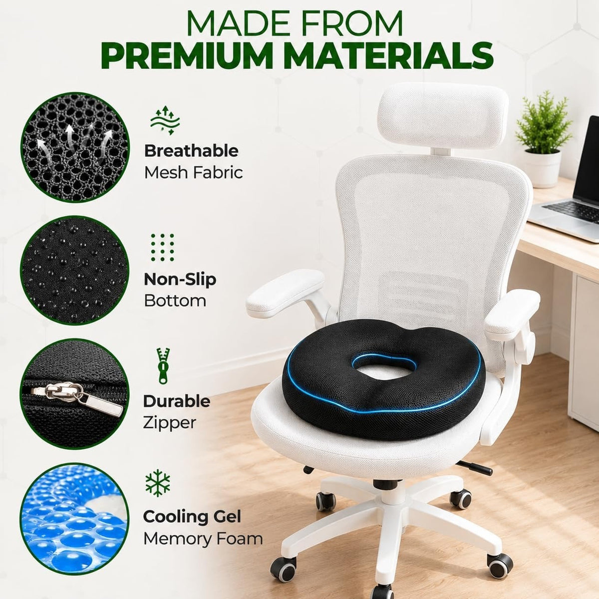 AnboCare Donut Gel Sitting Pillow-Orthopedic Memory Foam For Tailbone Pain-BLACK
