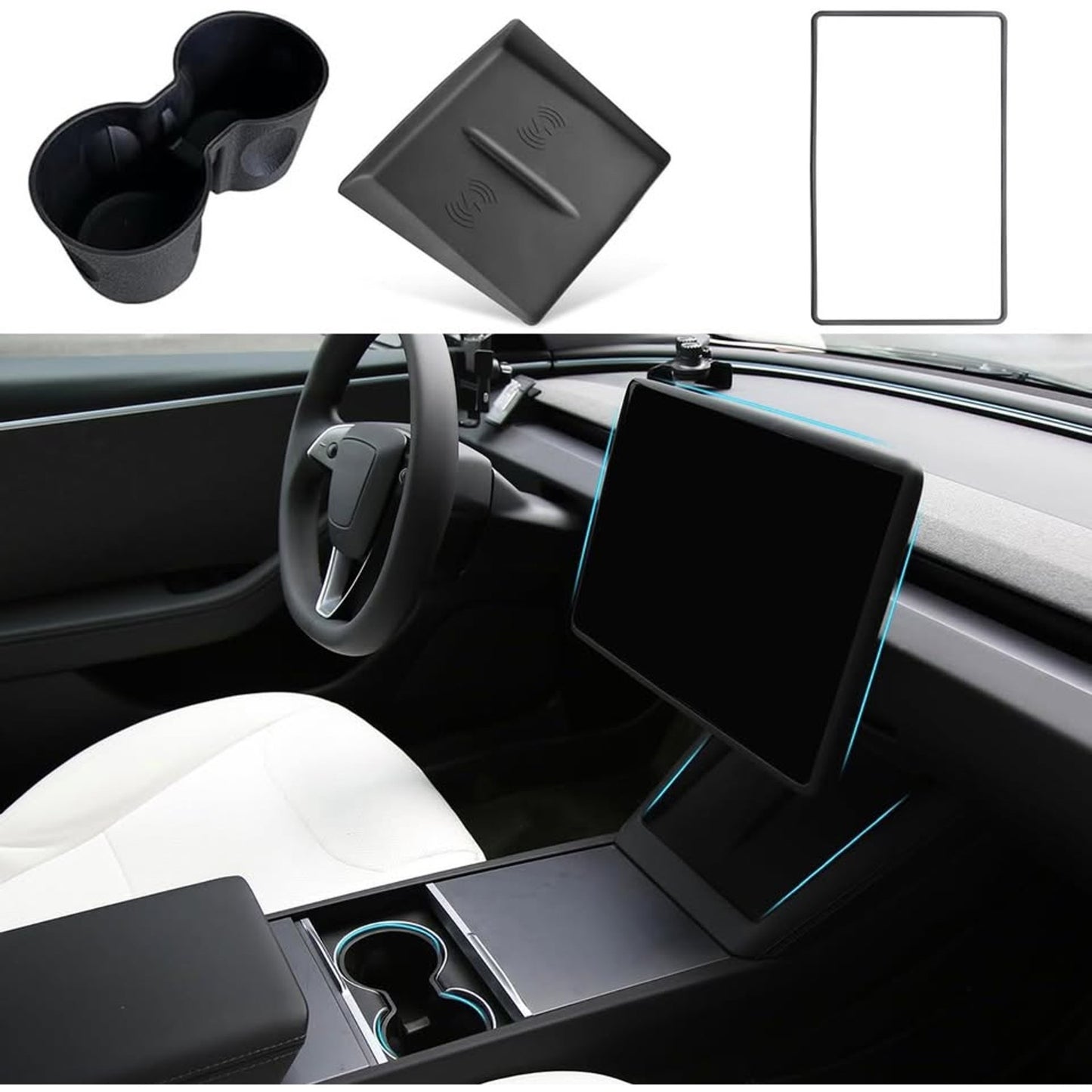TOPABYTE 3PCS Center Console Accessories For Tesla New Model Y Juniper 2025 Model 3 Highland 2024 Cup Holder Insert, Screen Edge Protector Frame, Wireless Charger Mat Silicone, Black.