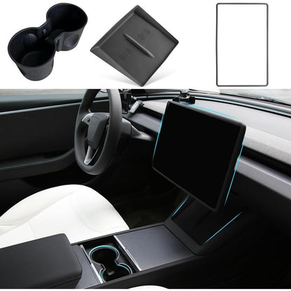 TOPABYTE 3PCS Center Console Accessories For Tesla New Model Y Juniper 2025 Model 3 Highland 2024 Cup Holder Insert, Screen Edge Protector Frame, Wireless Charger Mat Silicone, Black.