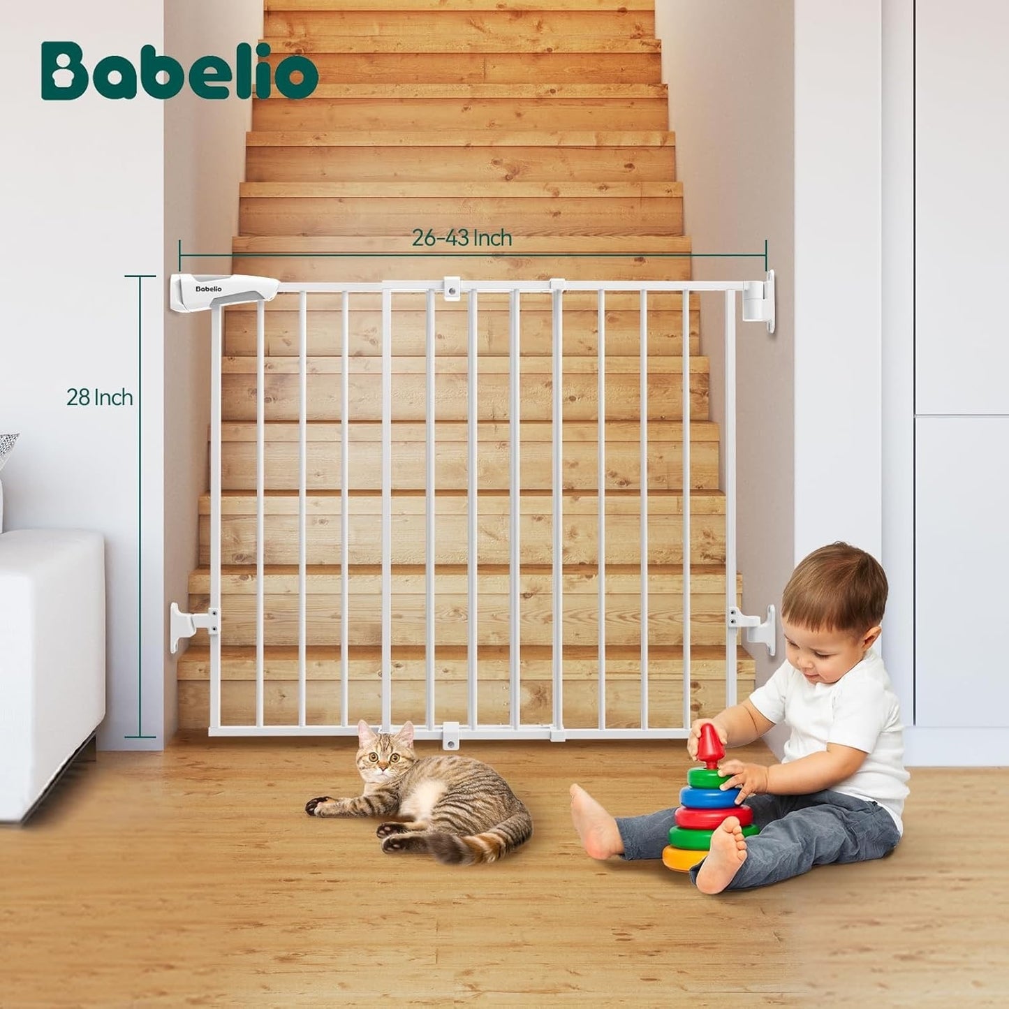 Babelio Baby Gate For Stairs, Kitchen & Doorways, 26-43" W 28" H No Bottom Bar| Easy Installation| One-Handed Operation| Auto-Close| Hardware Mount (Drill Needed) Safety Dog/Pet Gate Indoor (White)