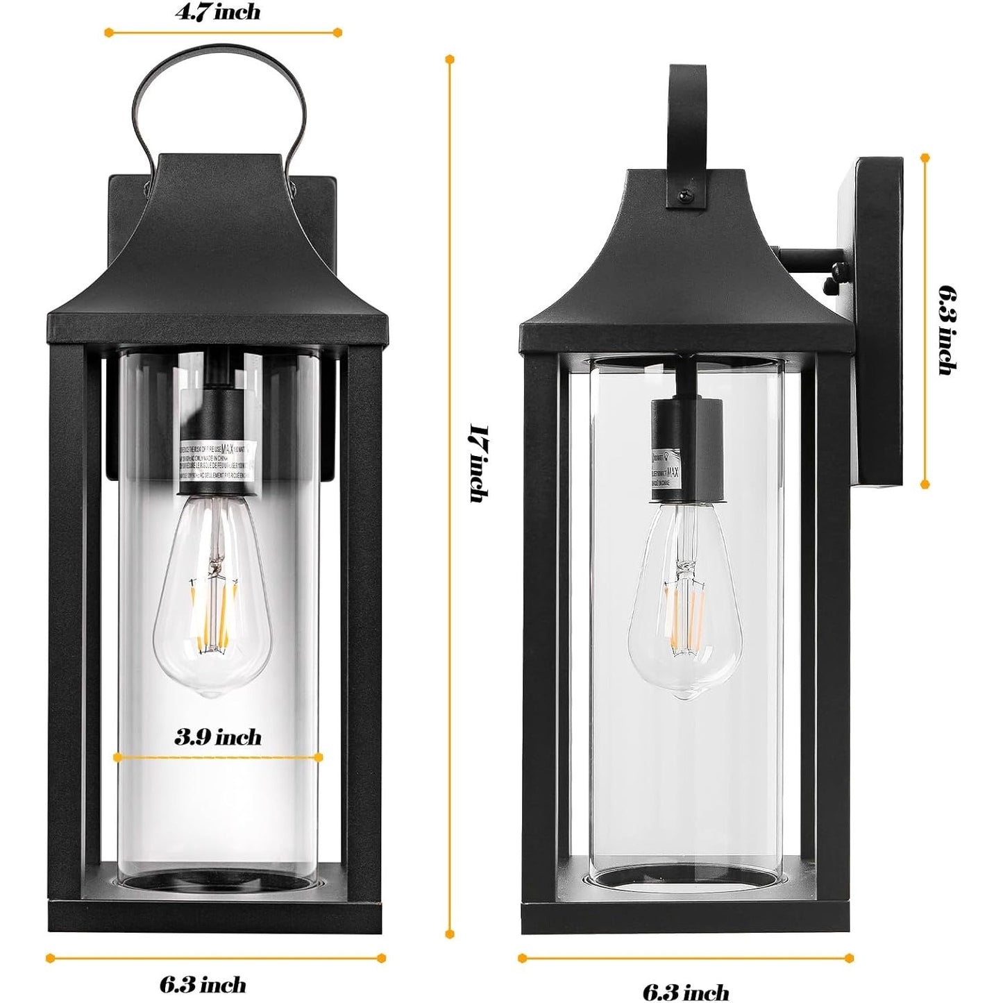 Roravilila 17 Inch Porch Light Large Black Outdoor Light Fixture With Cylindrical Clear Glass, IP65 Waterproof Exterior Lighting Fixture Outside Lantern For House Outdoor Wall Sconce, Matte Black.