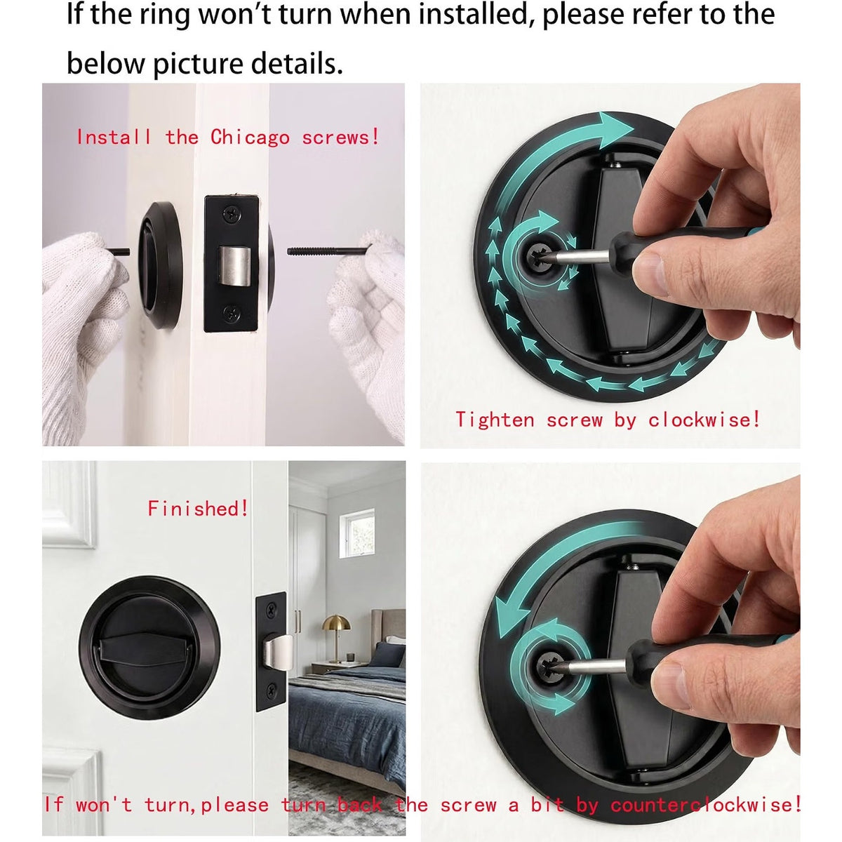 Dixiao Black Round Recessed Door Knob, Flat Door Knobs | Stainless Steel-Black